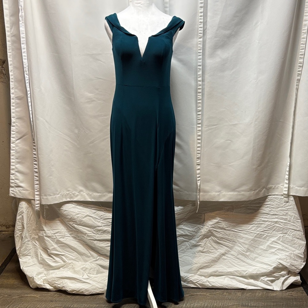 Xscape Teal Green Off-Shoulder V-Neck Mermaid Gown